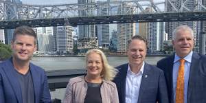 At the launch of Brisbane’s first-ever State of the City report (from left):Howard Smith Wharves chief executive Luke Fraser,Deputy Mayor Krista Adams,Lord Mayor Adrian Schrinner and Brisbane Economic Development Association chief executive Anthony Ryan.