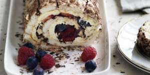 Blueberry,raspberry and strawberry roulade cake.