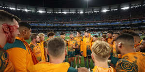 Quade Cooper addresses the Wallabies following their thumping 38-7 loss to the All Blacks at the MCG in July.