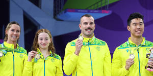 Mixed 100m freestyle relay gold medallists,Emma McKeon,Mollie O’Callaghan,Kyle Chalmers and William Yang.
