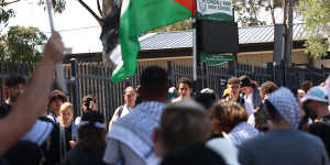 A pro Palestine rally outside Condell Park High School after a student was not allowed to attend the school form after wearing a keffiyeh. 