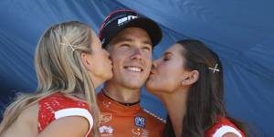 Rohan Dennis on the podium during the 2015 Tour Down Under.