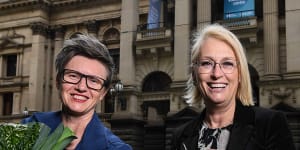 Rebecca Scott (left) of Moving Feast and lord mayor Sally Capp outside the Melbourne Town Hall. 