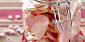 Heart-shaped iced biscuits.