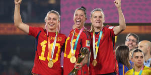 Spain’s Alexia Putellas,Jennifer Hermoso and Irene Paredes celebrate after defeating England in the final.