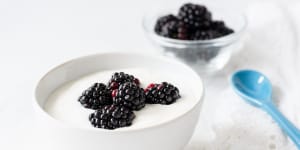 Greek yogurt with blackberries in white bowl on white background,closeup view Natural yoghurt with blackberries. iStock image downloaded under the Good Food team account (contact syndication for reuse permissions).