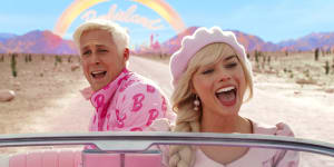 Ryan Gosling,left,and Margot Robbie in a scene from Barbie.