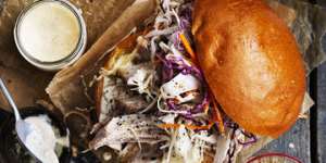 Pulled pork and coleslaw burgers with chipotle mayonnaise.