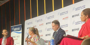 Brisbane’s leading mayoral candidates,from left:the Greens’ Jonathan Sriranganathan,Labor’s Tracey Price,and the incumbent,Adrian Schrinner from the LNP. The moderator for the debate was Marlina Whop from the Seven Network (right).