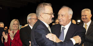 Former prime minister Paul Keating,with Anthony Albanese,slammed the Coalition’s policy to raid super for a first home.