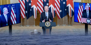Scott Morrison joins US President Joe Biden and UK Prime Minister Boris Johnson to announce a pact between the three nations that will see a fleet of nuclear-powered submarines built in Adelaide.