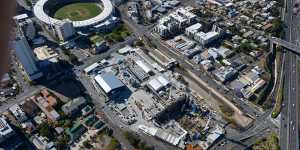 An aerial shot of Woolloongabba showing the site of the Cross River Rail and Brisbane Metro bus projects.