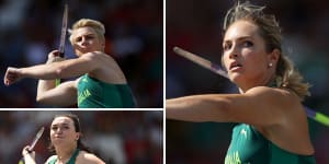 Three Australians have qualified for the women’s javelin final at the world athletics championships in Budapest. Clockwise from top left,they are:Kathryn Mitchell,Kelsey-Lee Barber and Mackenzie Little.