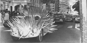 A car from The Cars That Ate Paris being driven through Cannes during the film festival in 1974.