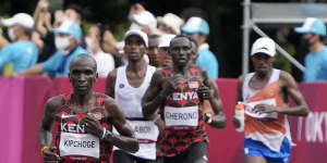 Eliud Kipchoge pushes ahead of the pack on his way to winning a second Olympic gold medal in Tokyo.