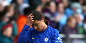 A disappointed Sam Kerr after being subsituted during Chelsea’s 3-0 Women’s FA Cup semi-final win over Manchester City.