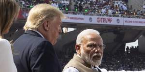 Melania and Donald Trump,at the time US first lady and US president,with Prime Minister Narendra Modi at the cricket stadium in Ahmedabad in India in 2020.