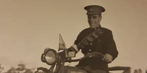 Sgt John Campbell Daley,on a motorbike in his Signals Corps uniform before enlisting in RAAF c. 1939.