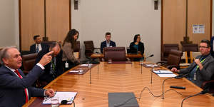 Australian Trade Minister Don Farrell (left) speaks to China’s Minister of Commerce,Wang Wentao,in a teleconference.