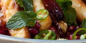 Fried haloumi with white cabbage,date and pomegranate salad.