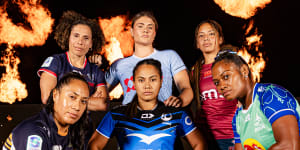 Super W captains (from left):Siokapesi Palu (ACT Brumbies),Melanie Kawa (Melbourne Rebels),Piper Duck (NSW Waratahs),Trilleen Pomare (Western Force),Cecilia Smith (Queensland Reds),and Asinate Serevi (Fijian Drua). 