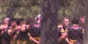 Panthers players form a huddle for Jarome Luai at training on Saturday as he informs them of his decision to leave.