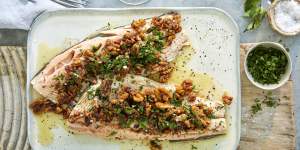 Rainbow trout with brown butter and vinegar walnuts.