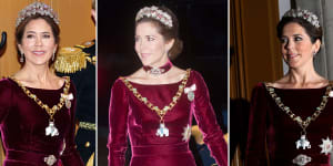 Consistent. Crown Princess Mary of Denmark wears the same velvet dress by Birgit Hallstein to New Year’s celebrations at the Amalienborg Palace with the Danish Ruby Parure Tiara and the Order of the Elephant in 2024,2014 and 2012. 