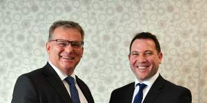 Football Australia chairman Chris Nikou and chief executive James Johnson.