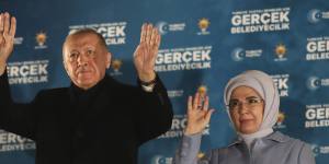 Turkish President and leader of the Justice and Development Party,or AKP,Recep Tayyip,Erdogan and his wife Emine.