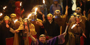 A re-enactment of the Roman festival of Saturnalia in Chester,England,in 2012.