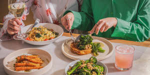 Crab spaghetti,honey-glazed carrots and market greens with rocket basil pesto.