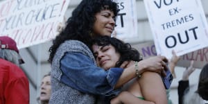 Mitzi Rivas,left,hugs her daughter Maya Iribarren during an abortion-rights protest at City Hall in San Francisco following the Supreme Court’s decision to overturn Roe v Wade.