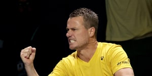 Lleyton Hewitt cheers on his team at a 2023 Davis Cup quarter-final match in November.