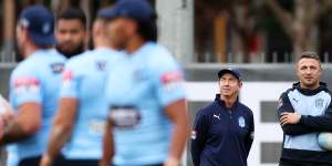 Sam Burgess (right) and Blues assistant Greg Alexander oversee NSW’s Origin preparations in Sydney on Sunday.