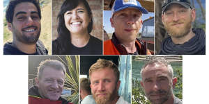 The aid workers killed in the strike (clockwise from top left):Palestinian Saifeddin Issam Ayad Abutaha,Lalzawmi “Zomi” Frankcom of Australia,Damian Soból of Poland,and Jacob Flickinger of the US and Canada,and James Kirby,James Henderson and John Chapman of Britain.