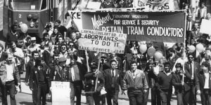 Tram workers protest against the removal of conductors from Melbourne trams. 