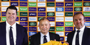 Hamish McLennan with Eddie Jones and former Rugby Australia chief executive Andy Marinos after Jones’ appointment in January. Less than 10 months late,none remain in their jobs.