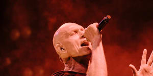 Peter Garrett,on stage with Midnight Oil in Launceston during the Resist tour.