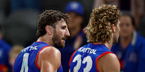 Western Bulldogs Marcus Bontempelli and Aaron Naughton.