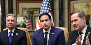 US Middle East envoy Steve Witkoff (left),US Secretary of State Marco Rubio (centre),and US National Security Adviser Mike Waltz (right) after meeting with Russian officials in Saudi Arabia.