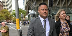 Jarryd Hayne arrives at the District Court in Sydney on Monday with his barrister Margaret Cunneen,SC.