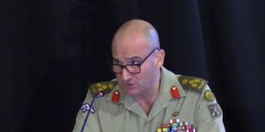 Brigadier Kahlil Fegan DSC Commander 3rd Combat Brigade speaking at the Royal Commission into Defence and Veteran Suicide in Townsville. 