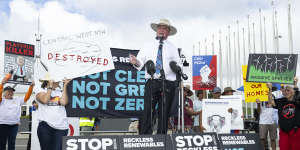 Opposition spokesman for veterans affairs Barnaby Joyce during the rally against renewable energy.