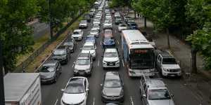A bus navigates peak hour traffic on Hoddle Street on Tuesday,