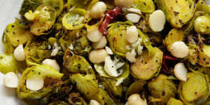 Indian-spiced brussels sprouts with macadamias. Jill Dupleix GREEN VEGGO recipes for Epicure/Good Living. Phoographed by Marina Oliphant. Food preparation and styling by Caroline Velik. All props stylist's own.