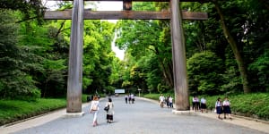The torii gate entrance to Meiji Jingu.
