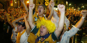 Wallabies fans at a live site at the Rocks in the 2003 Rugby World Cup.