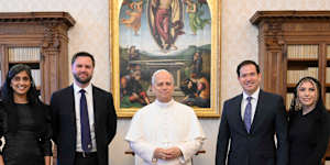 Pope Leo XIV is pictured with Vice President JD Vance,second from left,his wife Usha Vance,Secretary of State Marco Rubio,second from right,and his wife Jeanette Dousdebes Rubio,at the Vatican on Monday.