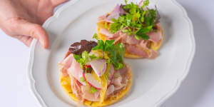 Humble ingredients become heroes of chickpea pancakes with sliced pig’s head terrine.